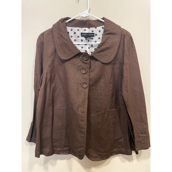 Larry Levine Women’s Brown Linen Blend Jacket Size L 3/4 Sleeve Collared Blazer - Picture 1 of 8